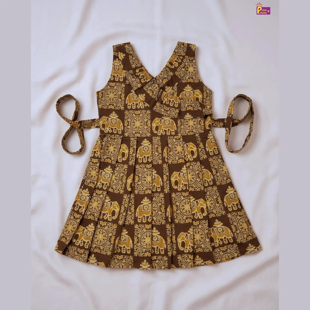 Summer Cotton Frock for Kids - Elephant Print | Brown Handblock Style Dress CF420