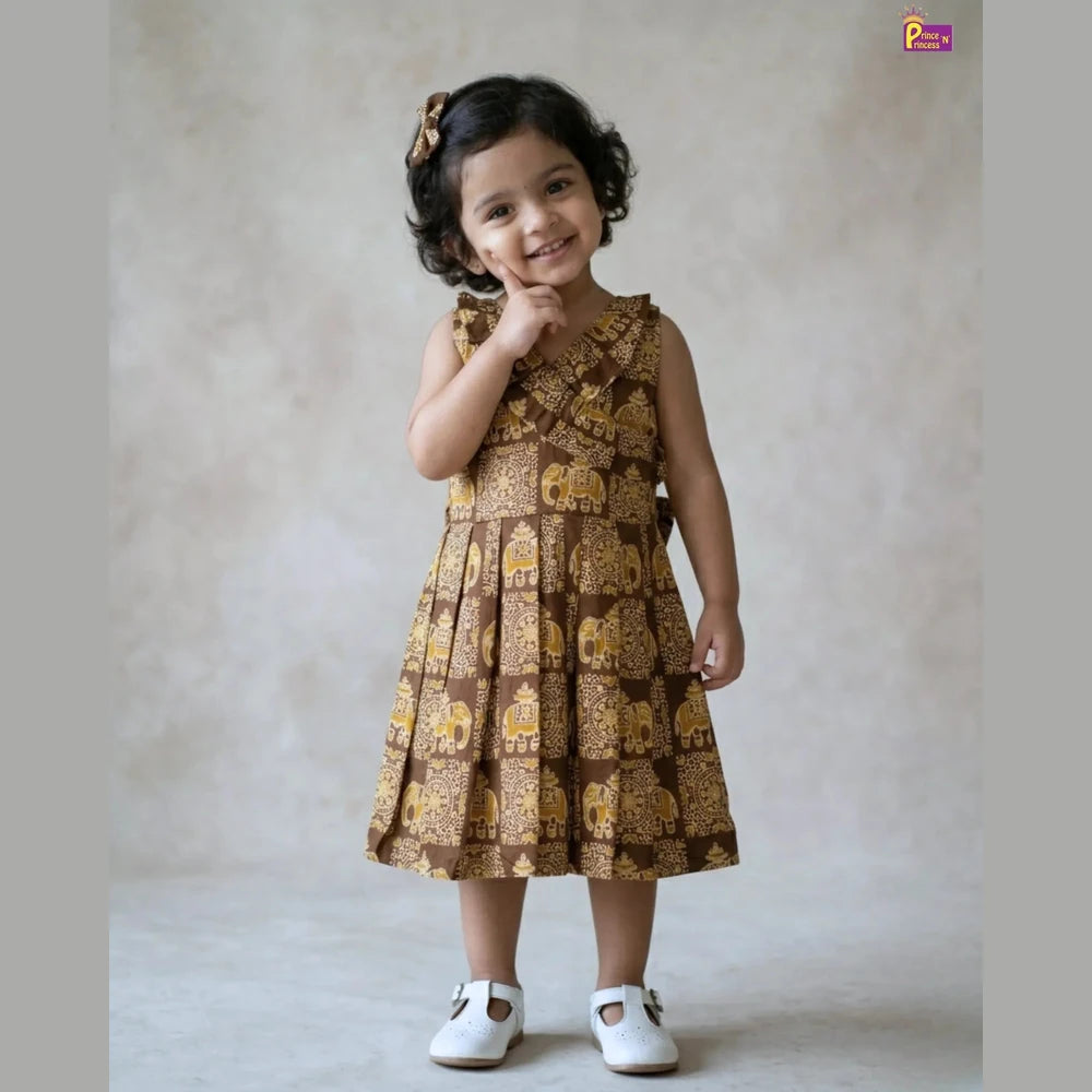 Summer Cotton Frock for Kids - Elephant Print | Brown Handblock Style Dress CF420