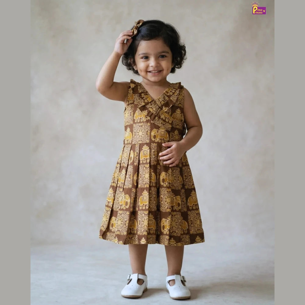 Summer Cotton Frock for Kids - Elephant Print | Brown Handblock Style Dress CF420