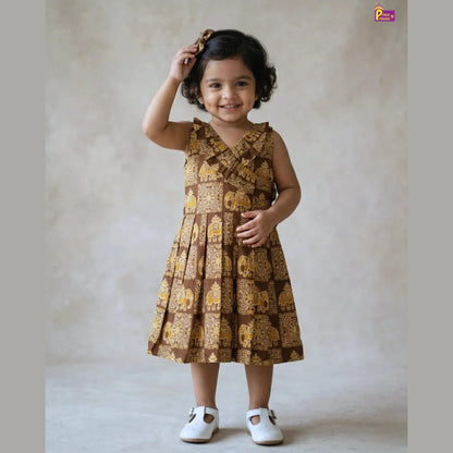 Summer Cotton Frock for Kids - Elephant Print | Brown Handblock Style Dress CF420