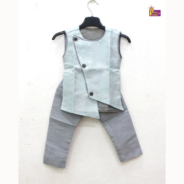 Toddler Boys Blue Sleeveless Silk Kurta Grey Pajama KP139