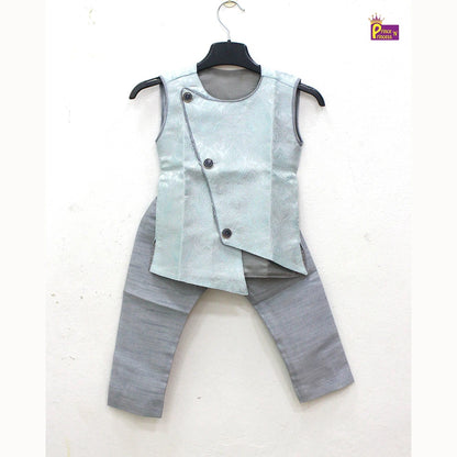 Toddler Boys Blue Sleeveless Silk Kurta Grey Pajama KP139