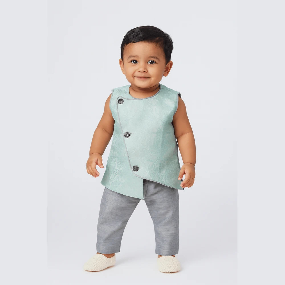 Toddler Boys Blue Sleeveless Silk Kurta Grey Pajama KP139