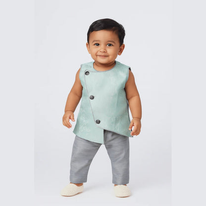 Toddler Boys Blue Sleeveless Silk Kurta Grey Pajama KP139