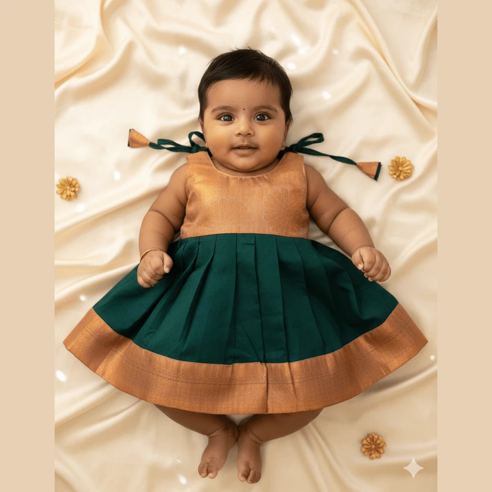 Toddlers Green & Copper Silk Pattu Frock LF1445