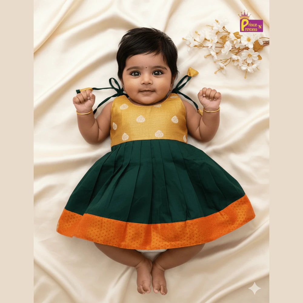 Orange Green Tissue Silk Knee Frock | Kids Traditional Festival Wear LF1416