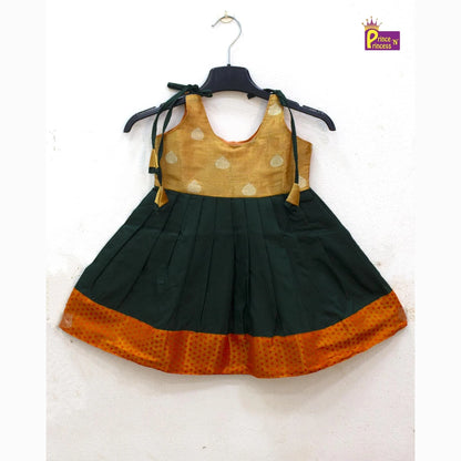 Orange Green Tissue Silk Knee Frock | Kids Traditional Festival Wear LF1416