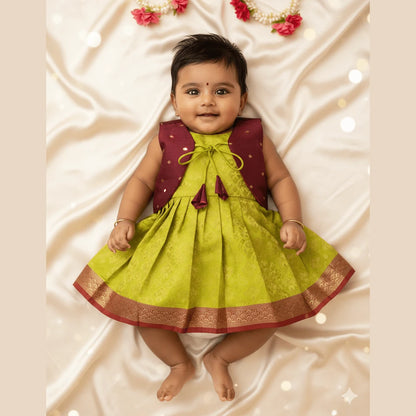 Toddlers Maroon Green Raw Silk Coat Frock LF417