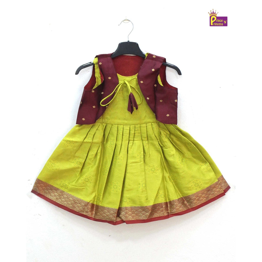 Toddlers Maroon Green Raw Silk Coat Frock LF417