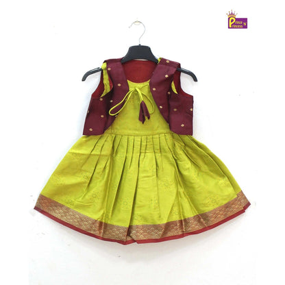 Toddlers Maroon Green Raw Silk Coat Frock LF417