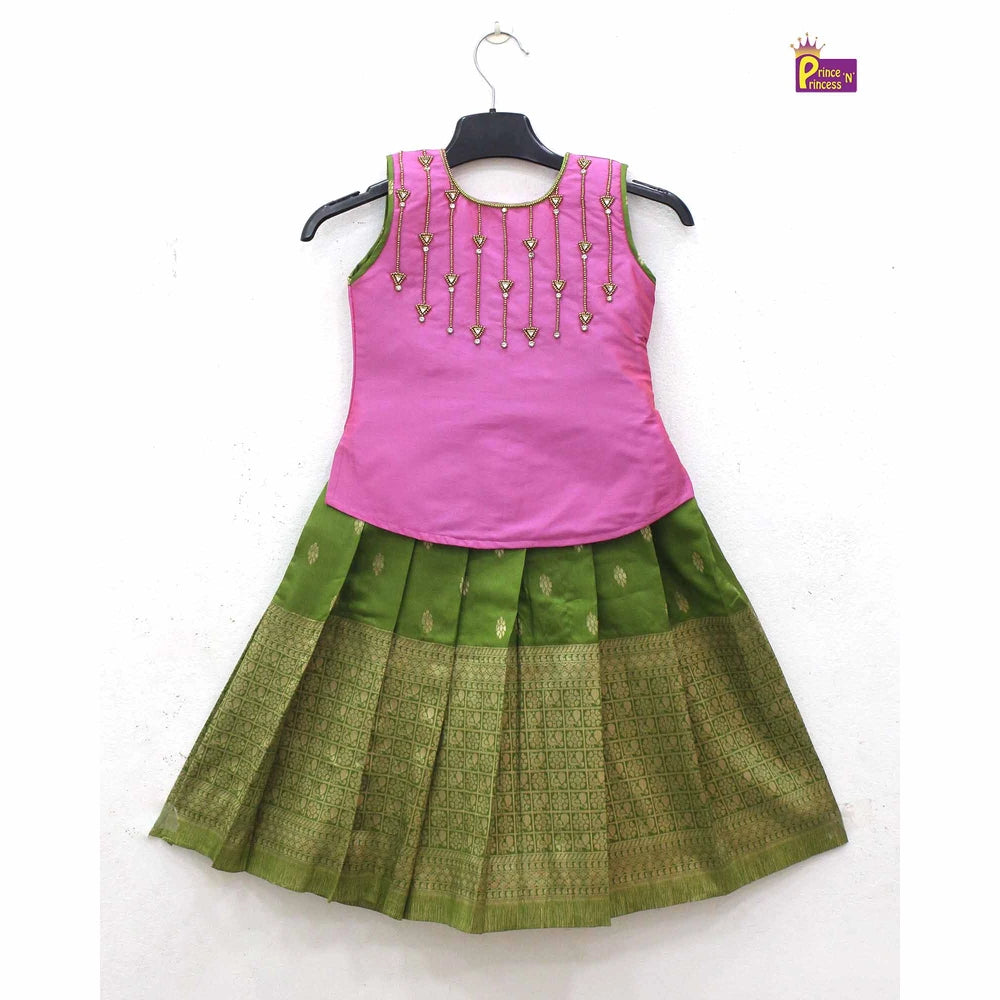 Toddlers Pink Green AARI Pattu Pavadai PPP1773