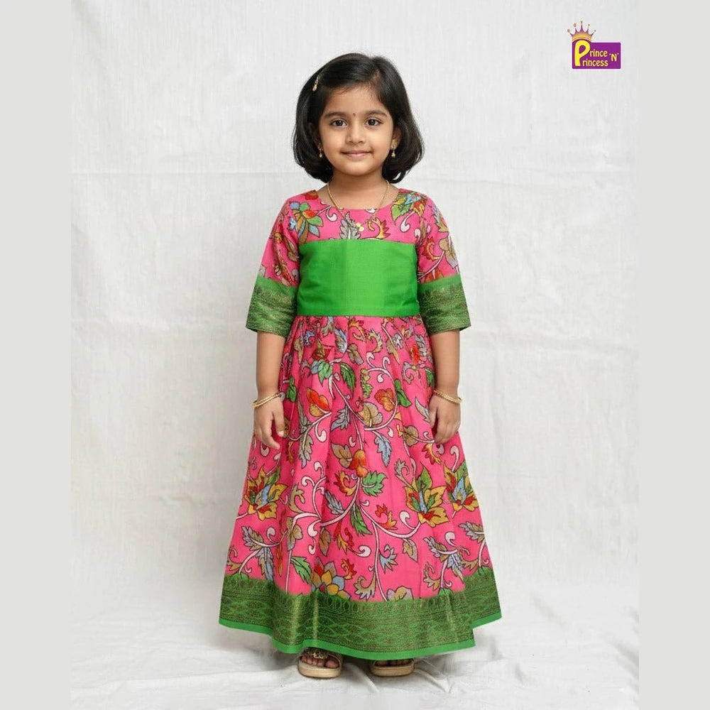 Traditional Green Pink Kalamkari Design Gown PG413