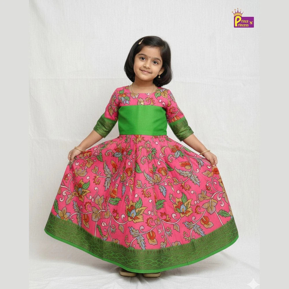 Traditional Green Pink Kalamkari Design Gown PG413