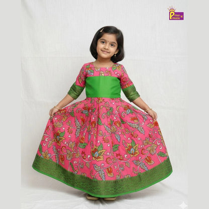 Traditional Green Pink Kalamkari Design Gown PG413