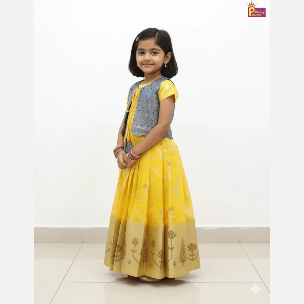 Pattu Gown Yellow with Banarasi Coat | Baby Girl Festival Wear PG500