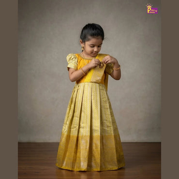 Yellow Banarasi Pattu Gown Semi Saree Pleat Model | Aari Work Gown PG587