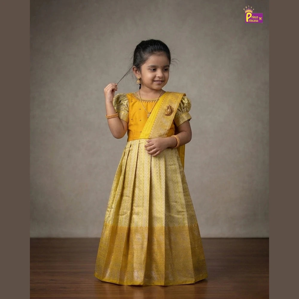 Yellow Banarasi Pattu Gown Semi Saree Pleat Model | Aari Work Gown PG587