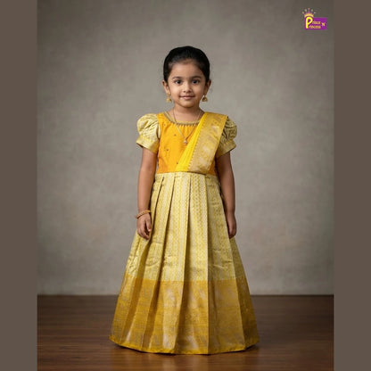 Yellow Banarasi Pattu Gown Semi Saree Pleat Model | Aari Work Gown PG587