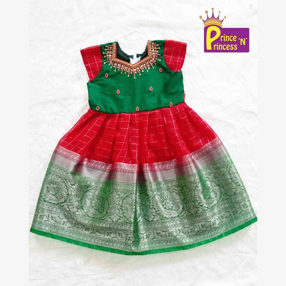 Kids Green Red Border AARI Work Party Gown PG198