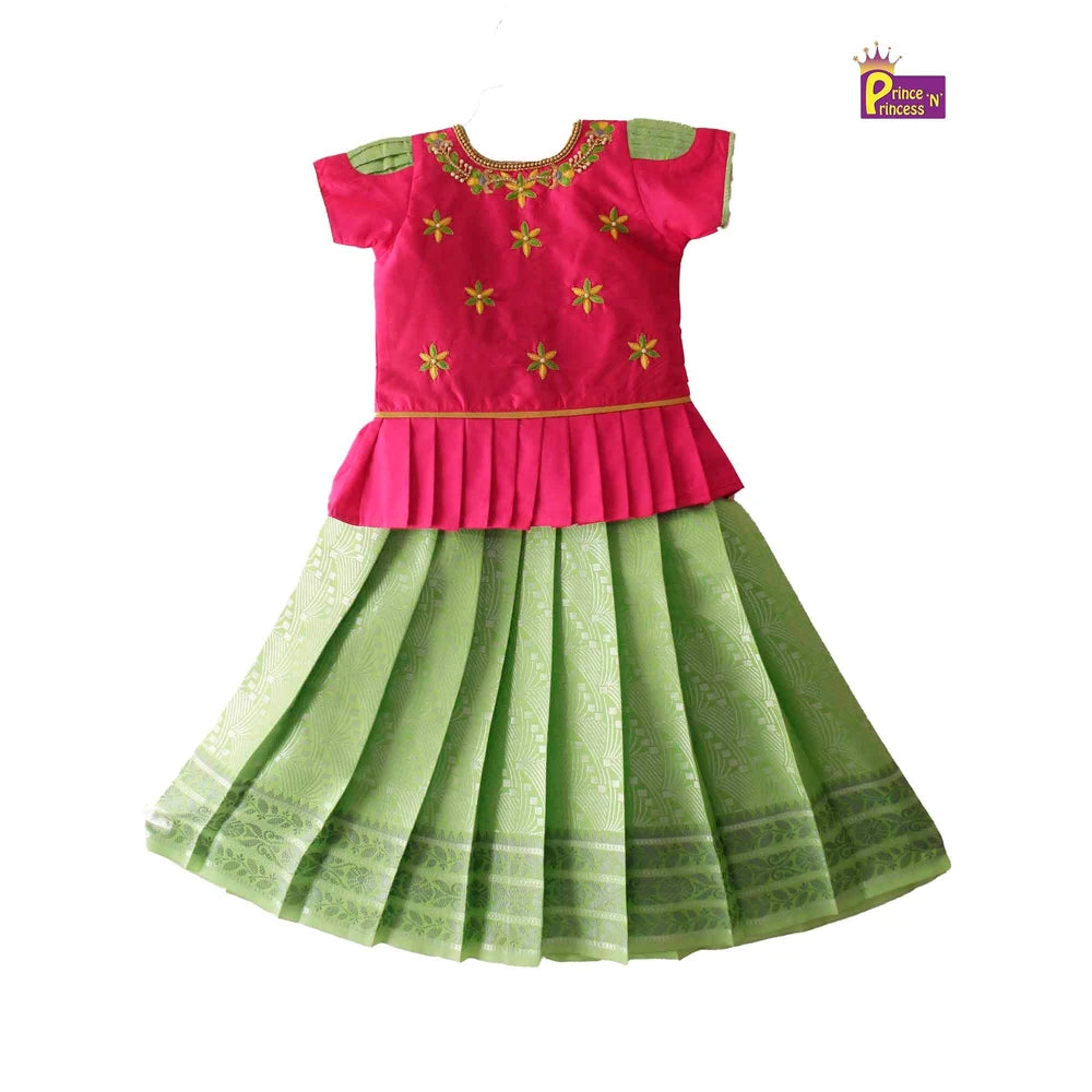 Kids Pink And Green Aari Work Traditional Pattu Pavadai PPP1180