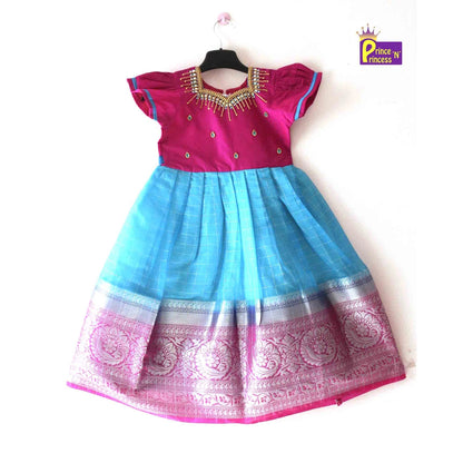 Kids Pink Skyblue Organza AARI Ethnic Party Gown PG347