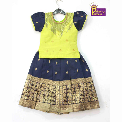 Kids Sky Green Navy Blue Embroidery Aari Work Pattu Pavadai Ppp982