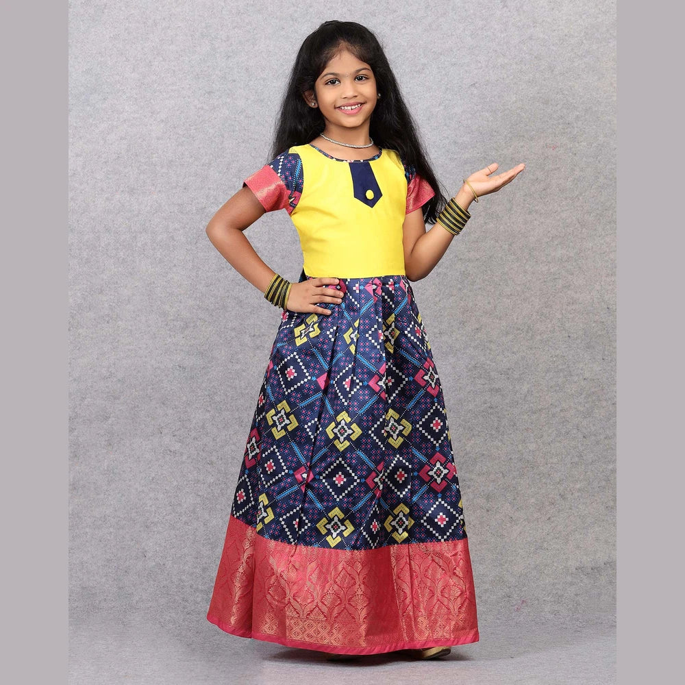 Kids Yellow Blue Ethnic Party Gown PG313