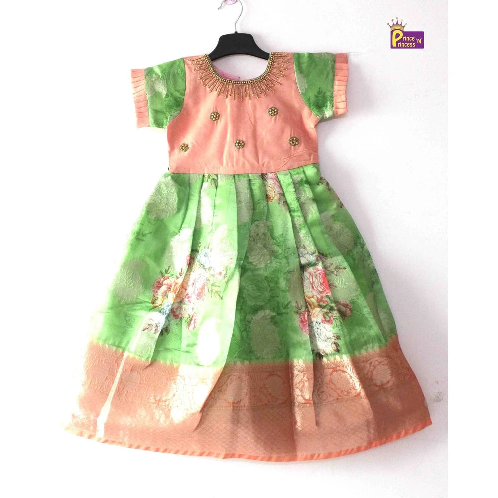 Peach Green Digital Satin AARI Ethnic Party Gown PG352