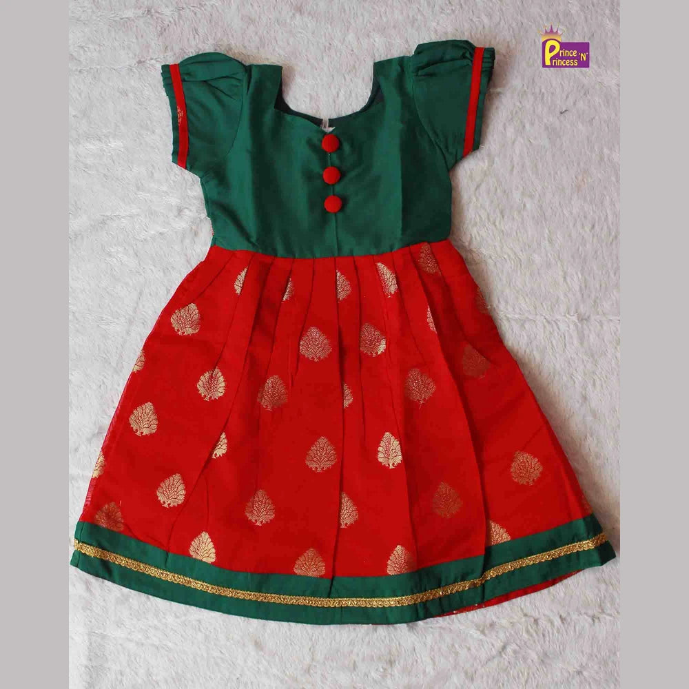 Pattu Gown Green Red Raw Silk with Star Neck | Baby Girl Traditional Wear PG296