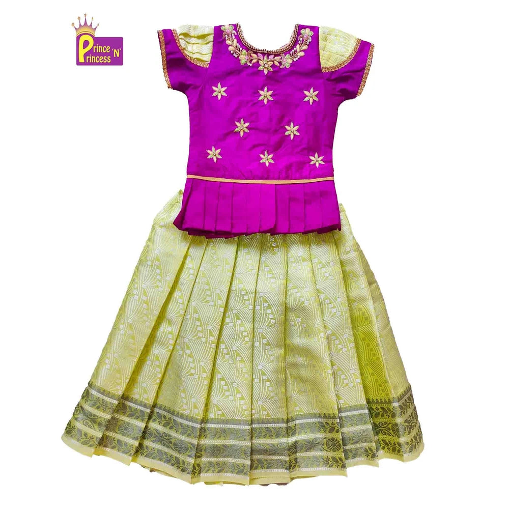 Pattu Pavadai Pink Yellow Raw Silk Designer Puff Sleeve | Kids Festival Wear PPP1136