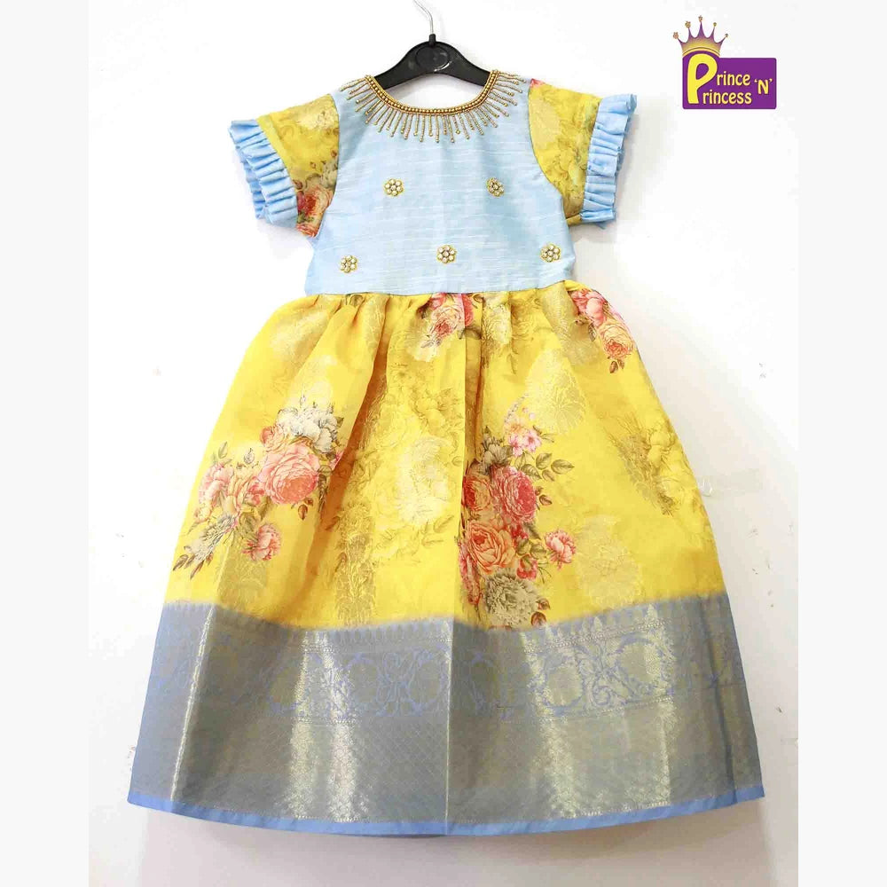 Yellow Blue Digital Satin AARI Ethnic Party Gown PG276