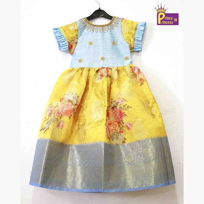 Yellow Blue Digital Satin AARI Ethnic Party Gown PG276