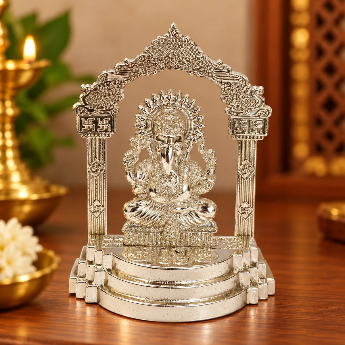 German Silver Lord Ganesha Idol with Decorative Temple Arch