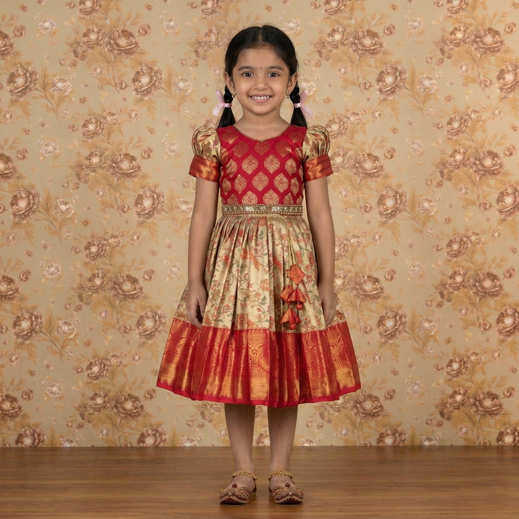 Varnatari's Gold & Red  Pattu Pavadai Set