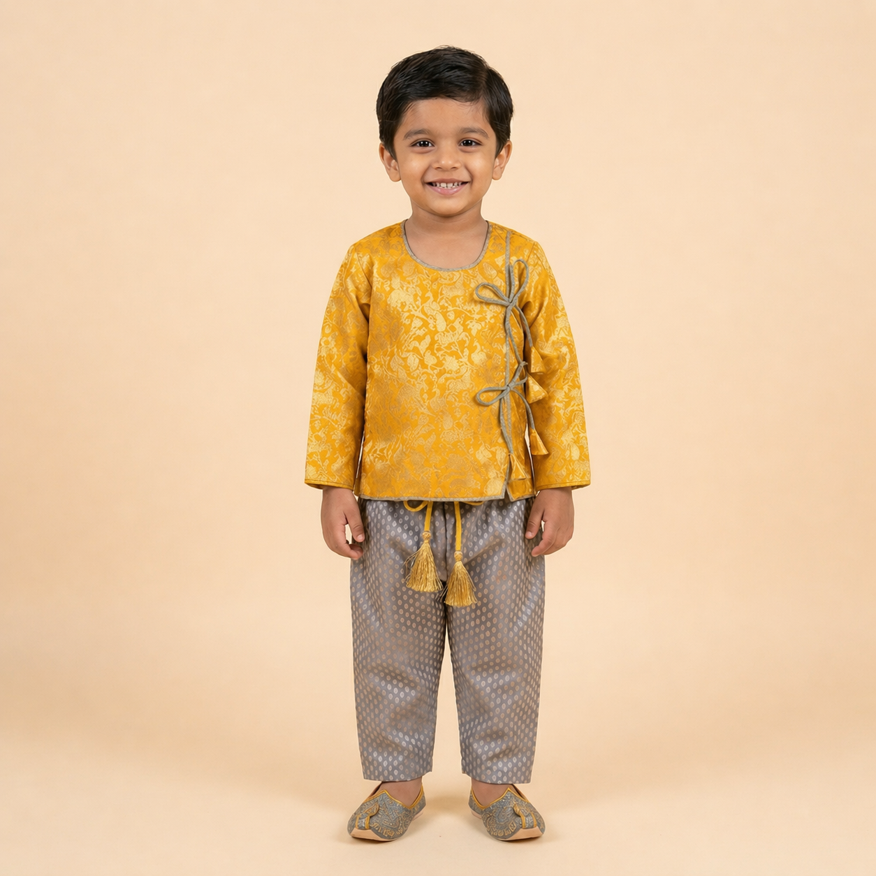 Varnatari's Lavender ice grey pant with Golden yellow and silver vanasingam print top
