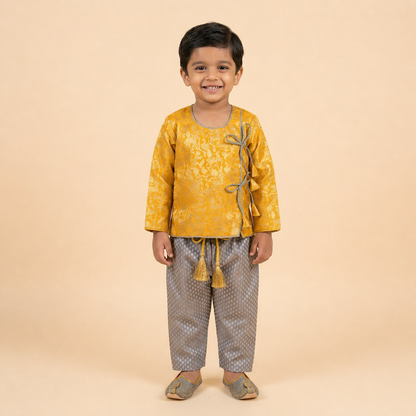 Varnatari's Lavender ice grey pant with Golden yellow and silver vanasingam print top