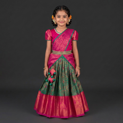 Varnatari's Teal Green And Rani Pink Lehenga Set