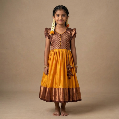 Varnatari's Mango Yellow And Brown Ethnic Frock