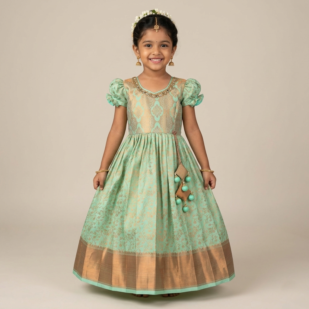 Varnatari's Pista Green & Cream Frock