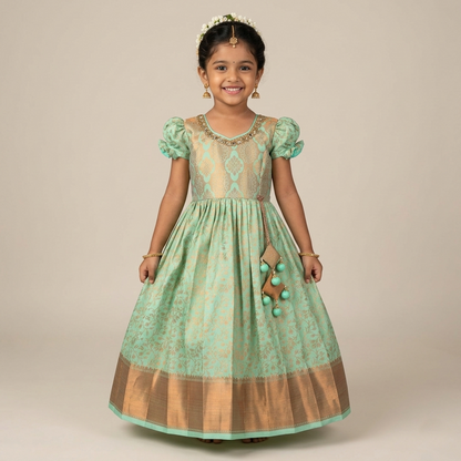 Varnatari's Pista Green & Cream Frock