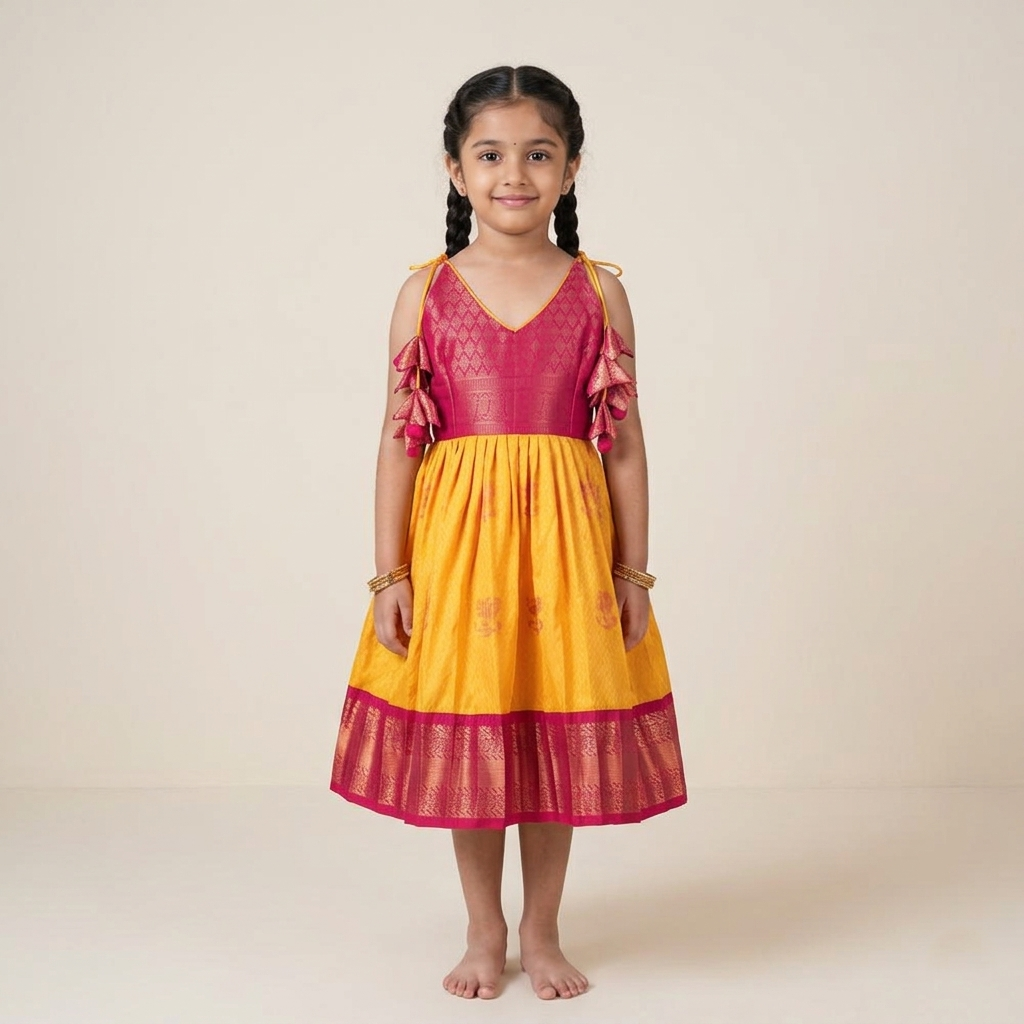 Varnatari's Mango Yellow And Rani Pink Ethnic Frock