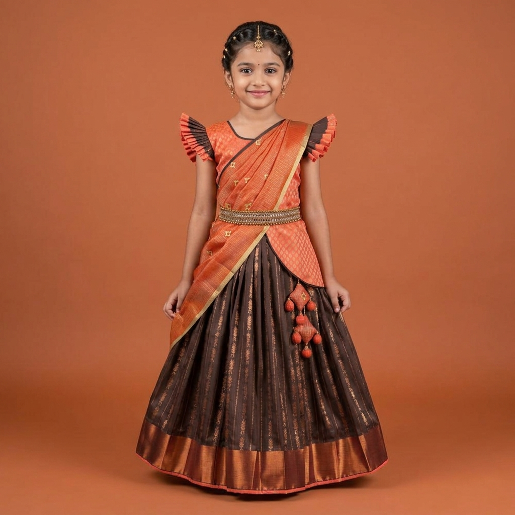 Varnatari's Wenge Brown And Peach Orange Lehenga Set
