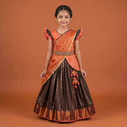 Varnatari's Wenge Brown And Peach Orange Lehenga Set