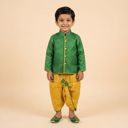 Varnatari's Lime with copper print dhoti and Emerald green and copper jacquard print top