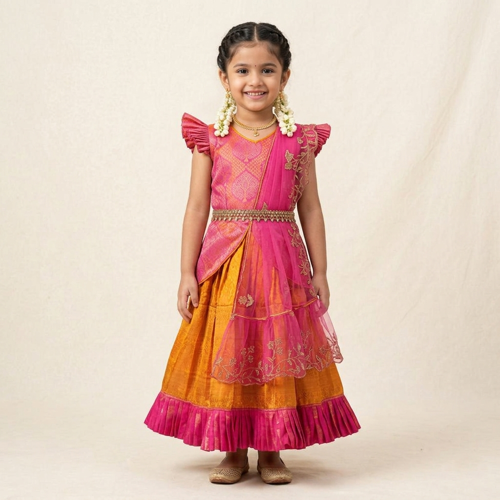 Varnatari's Turmeric Yellow And Pink-Peach Lehenga Set