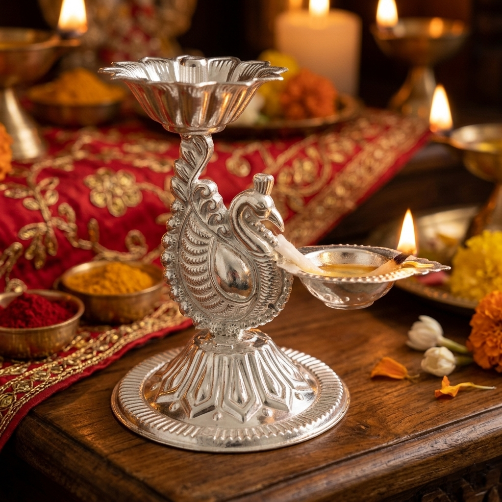 German Silver Deepam-Peacock