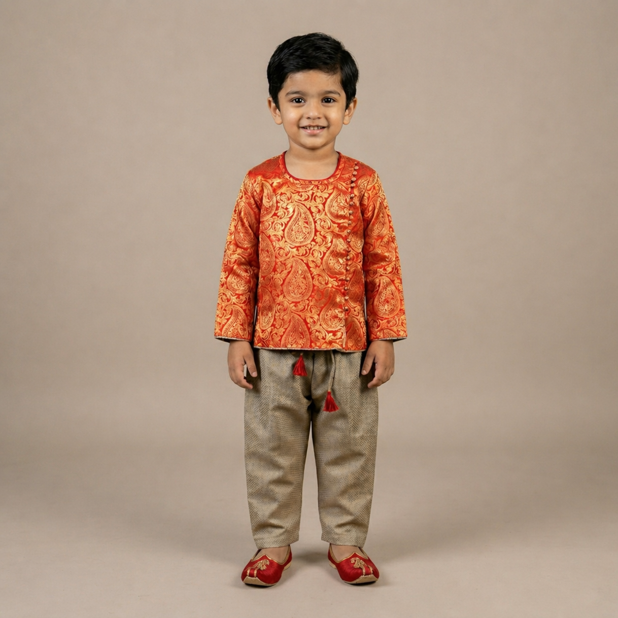 Varnatari's Taupe pant with bright red and gold jacquard print top