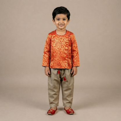 Varnatari's Taupe pant with bright red and gold jacquard print top