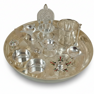 German Silver Pooja Set On Plate (12 Pcs)