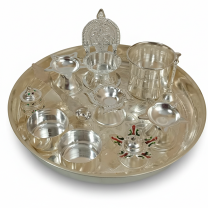 German Silver Pooja Set On Plate (12 Pcs)